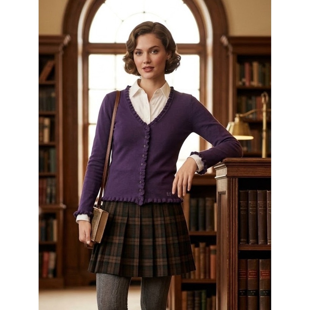 Esprit Purple Vintage Y2K Ruffle Trim V-Neck Cardigan S Preppy Academia Indie